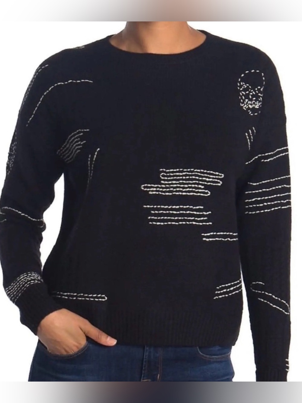 Skull Cashmere Black Crewneck Sweater with White Stitch Accents